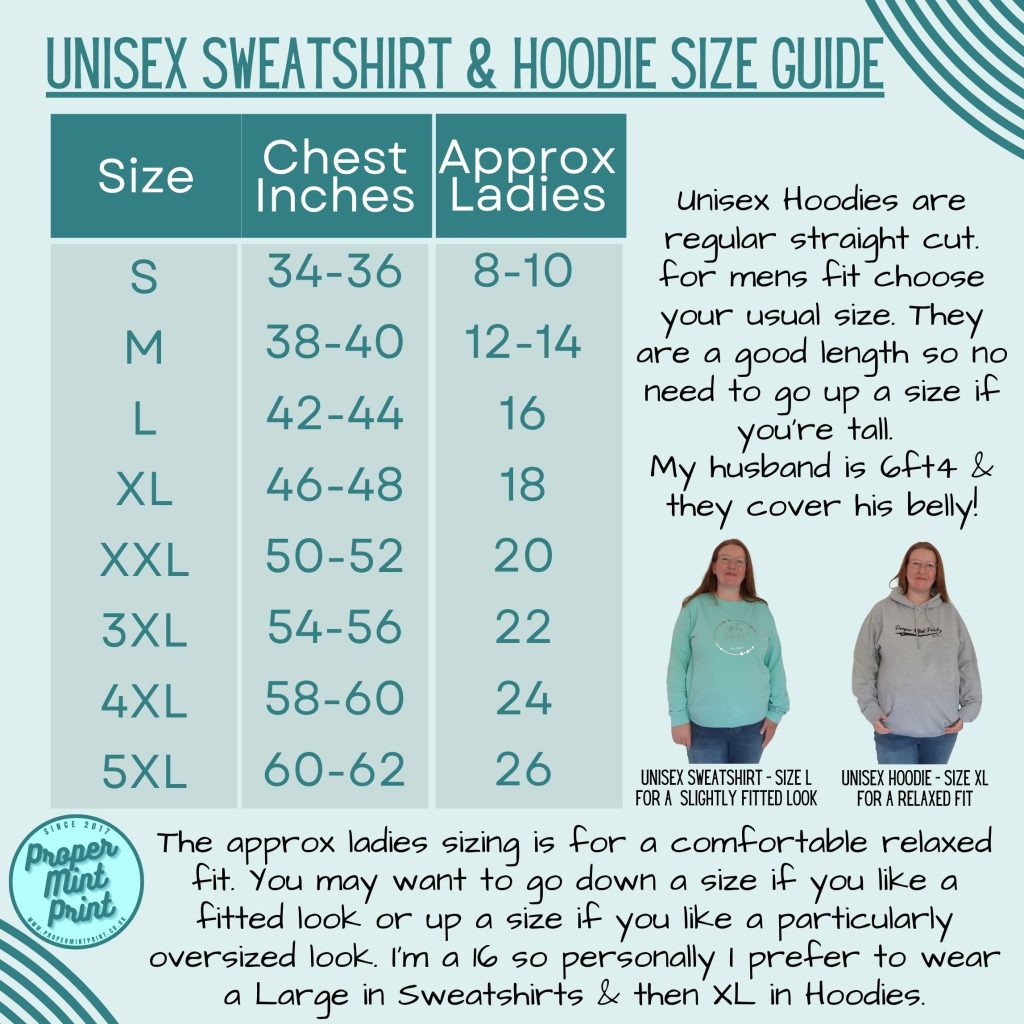 Unisex sweatshirt and hoodie size guide