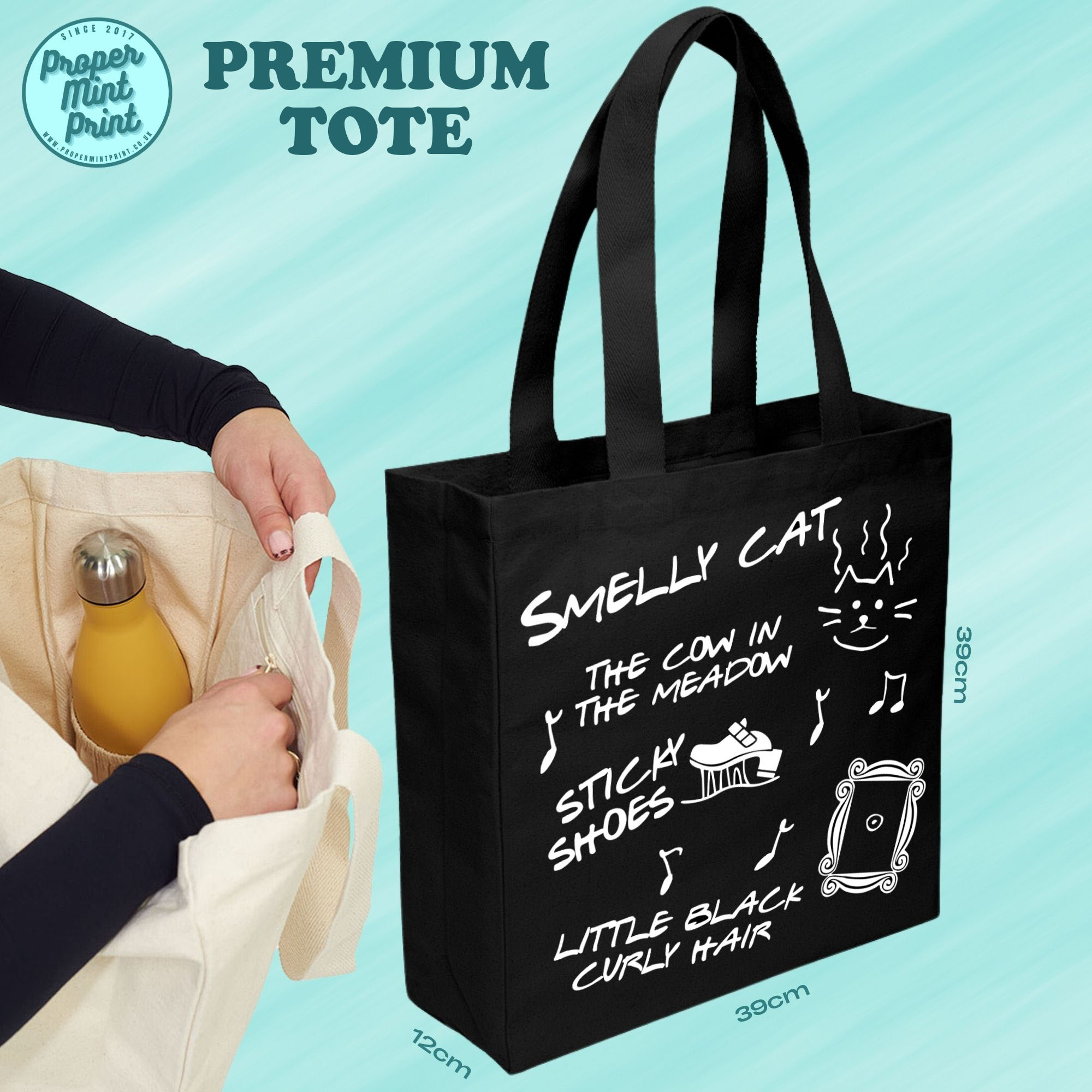 Premium Tote - 5 smelly cat sticky shoe cow in meadow little black curly hair